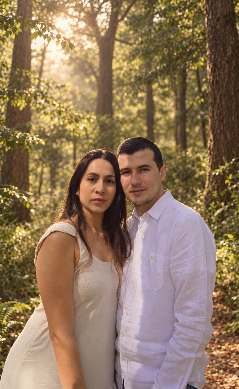 Daniela y Anderson abrazados en el bosque con luz dorada